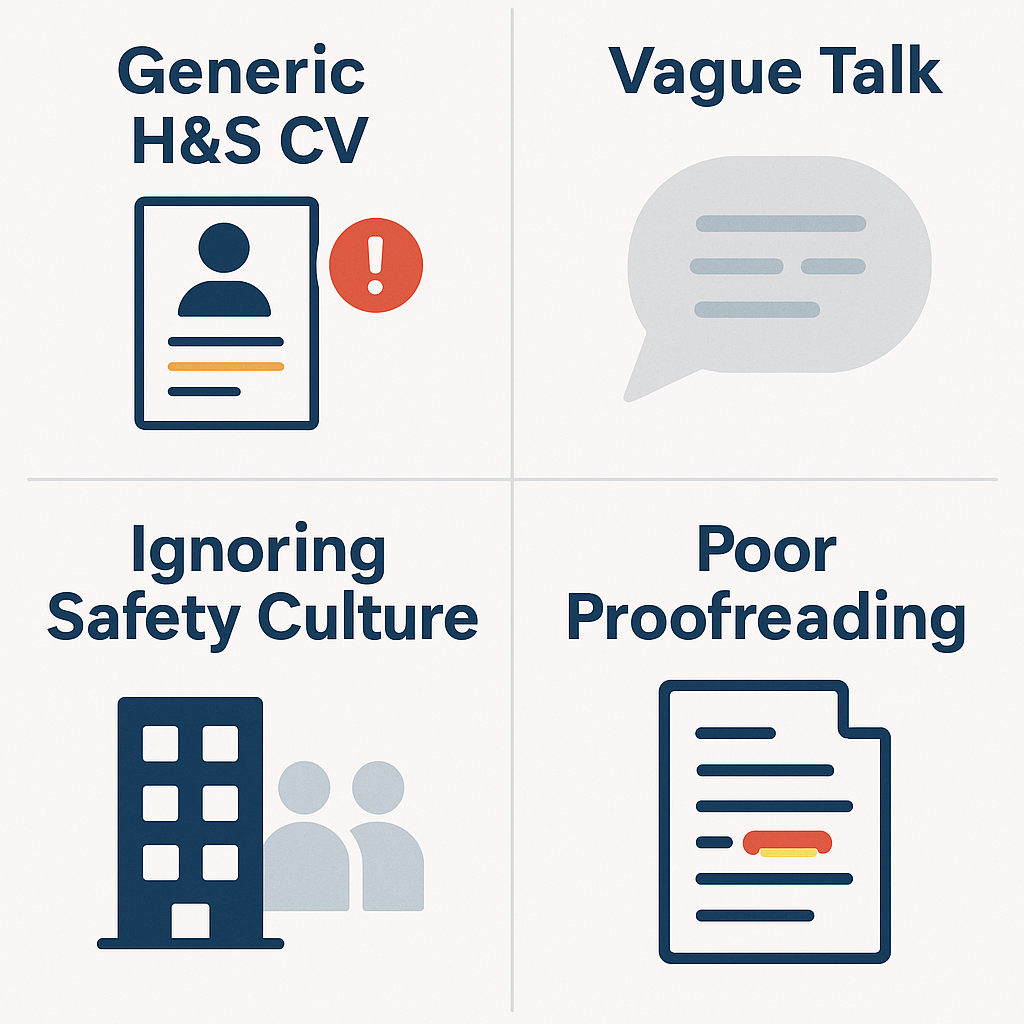 Application Guide Four-panel graphic showing common application mistakes such as generic H&S CVs, vague language, ignoring safety culture and poor proofreading