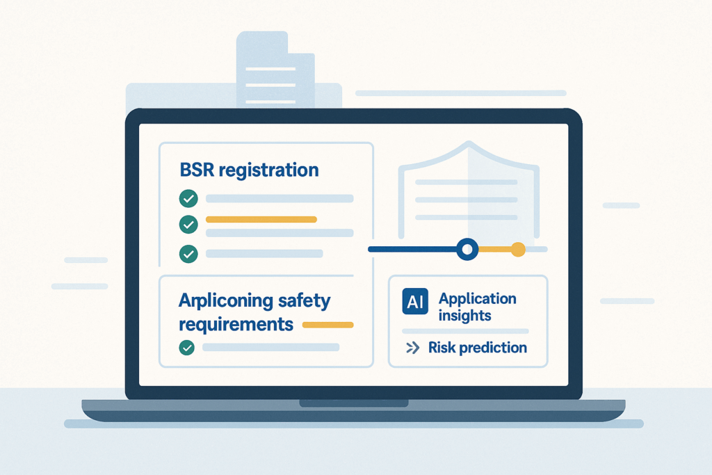 Application Guide Digital dashboard on a laptop showing Building Safety Regulator registration tasks and AI-powered insights for future compliance planning