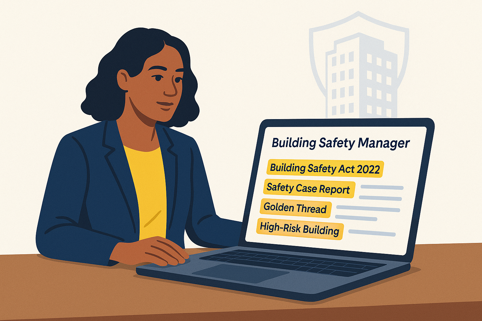Professional reviewing a Building Safety Manager job description on a laptop with key legal duties highlighted and a high-rise building outline in the background.