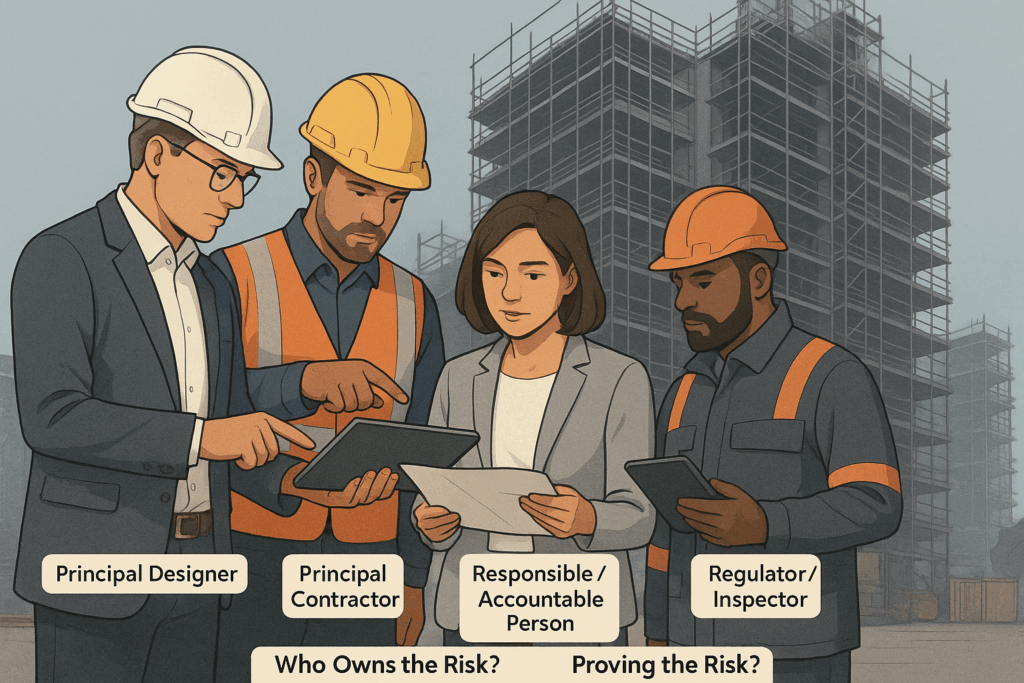 Global Construction Safety Standards Group of construction and safety professionals at a site, each labelled with their duty holder role, jointly reviewing plans in front of a scaffolded high-rise