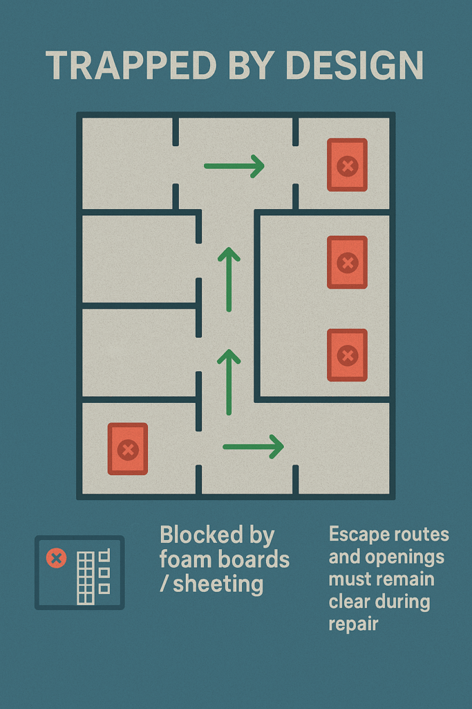 Global Construction Safety Standards Floor plan of a high-rise level showing highlighted escape routes and several windows marked as blocked, indicating the danger of sealing openings during construction