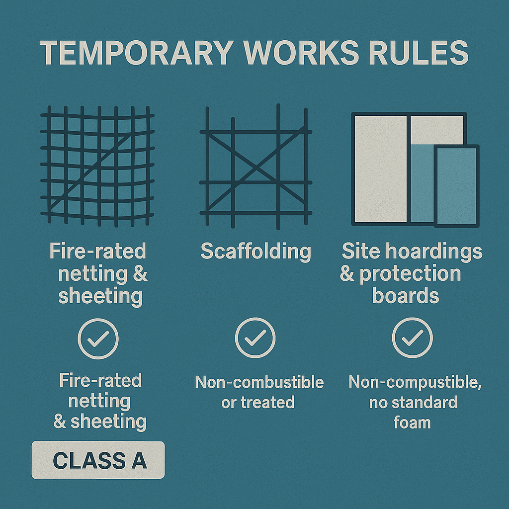 Global Construction Safety Standards Infographic showing compliant temporary netting, scaffolding and hoardings, each labelled as fire-resistant and meeting safety standards