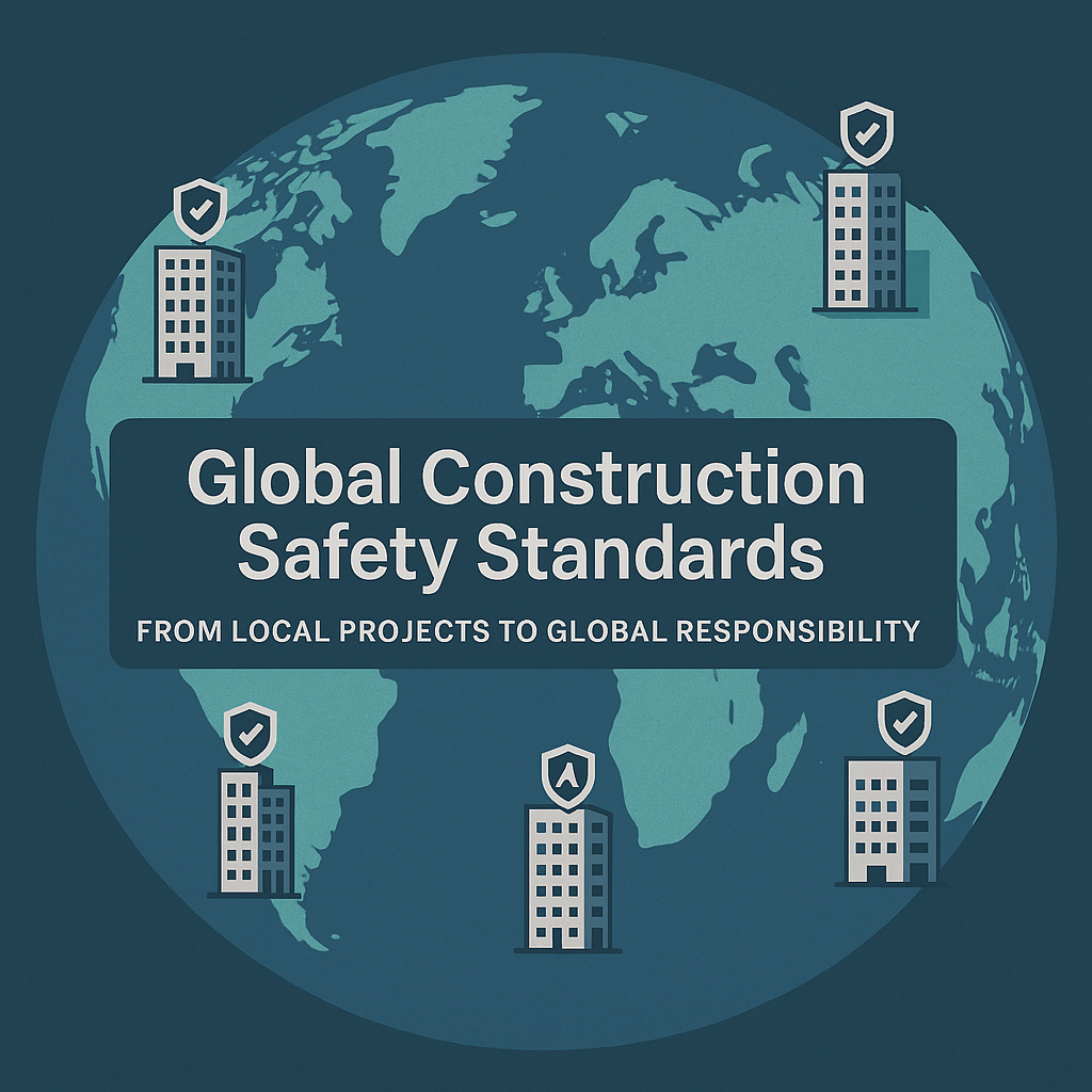 Global Construction Safety Standards Stylised world map with high-rise icons and shield symbols, representing the need for stronger global construction safety standards