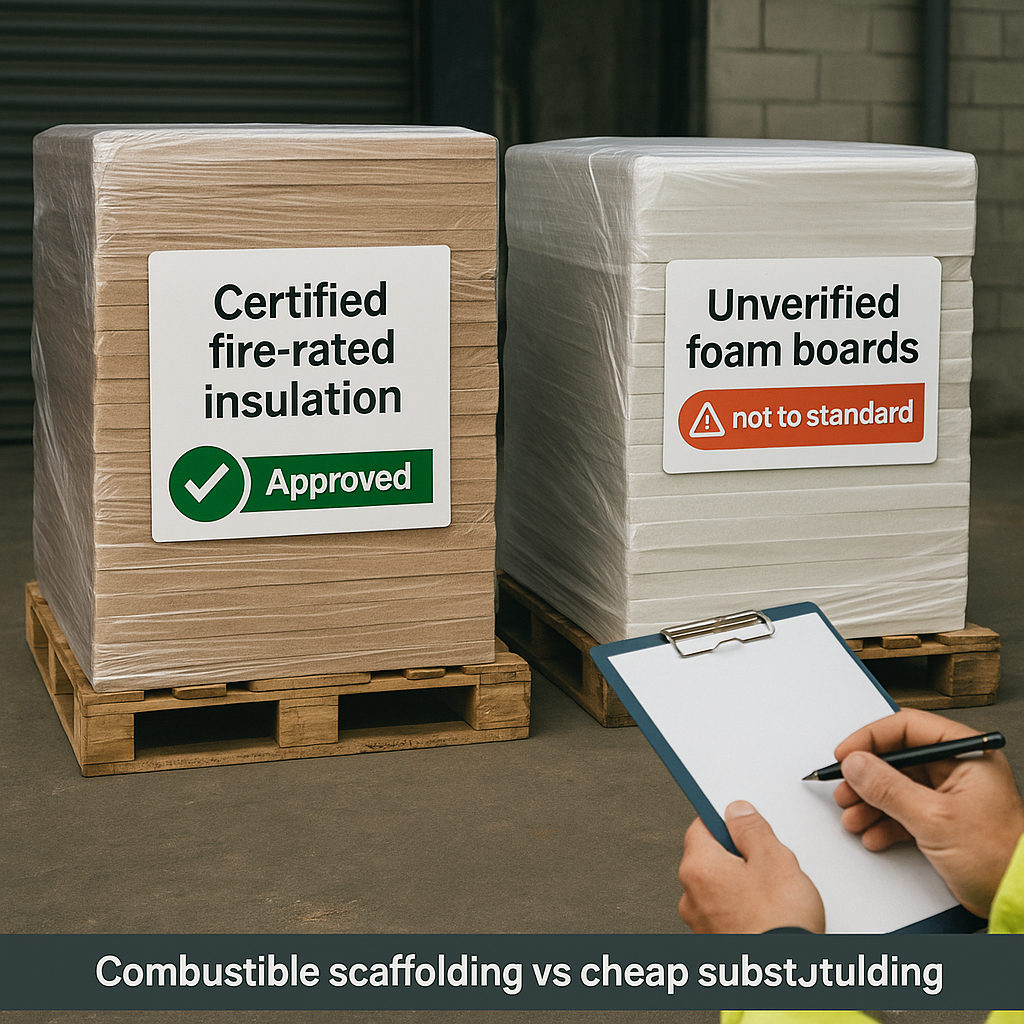 Global Construction Safety Standards Construction supervisor looking at two pallets of materials, one clearly marked as certified fire-rated insulation and the other labelled as non-compliant foam boards