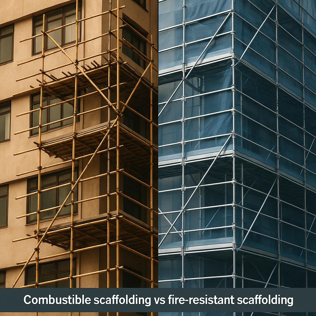 Global Construction Safety Standards Side-by-side illustration of bamboo scaffolding on one building and metal scaffolding with fire-resistant netting on another, highlighting different fire risks