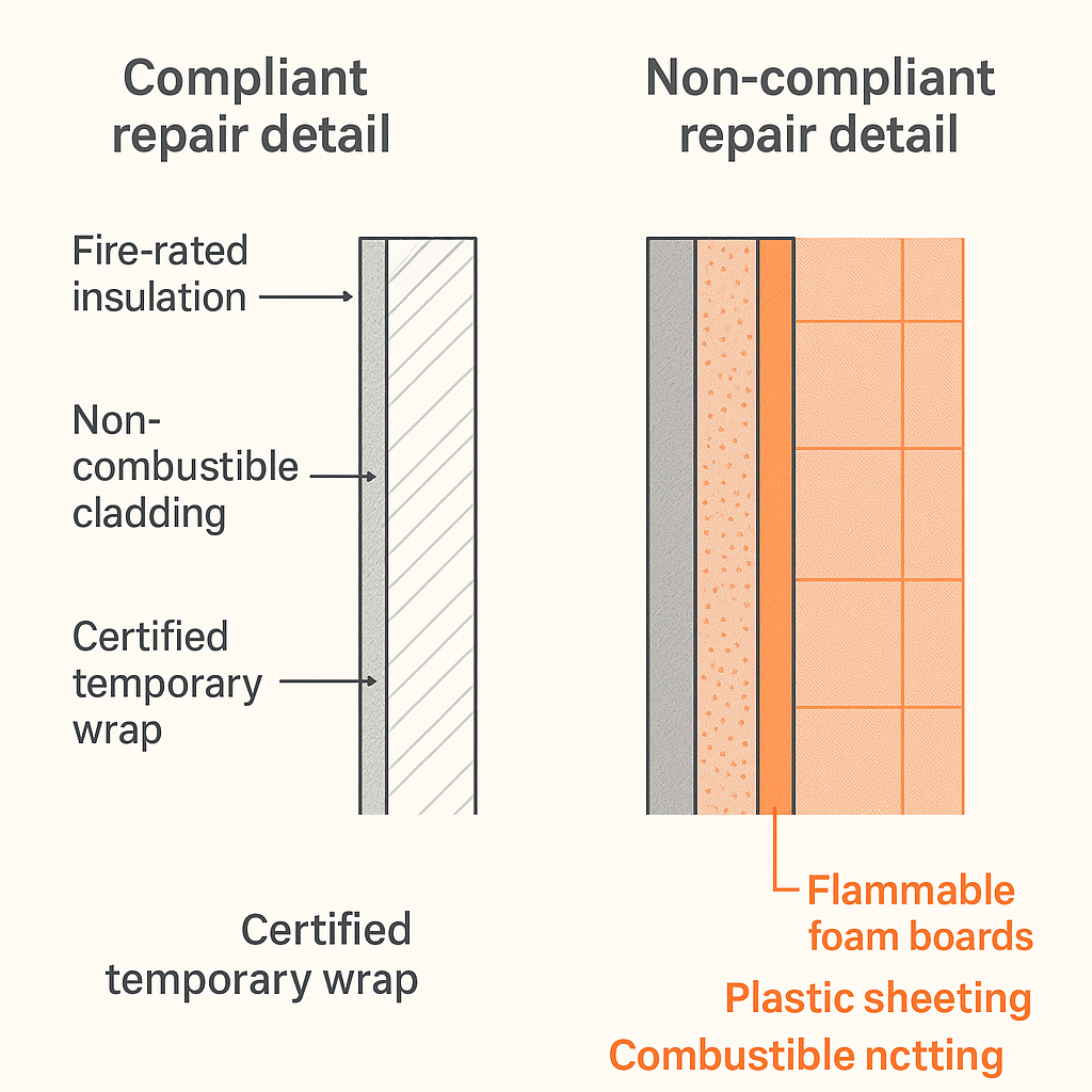 Global Construction Safety Standards Diagram comparing compliant fire-resistant façade repair materials with a non-compliant assembly using flammable foam boards and plastic sheeting