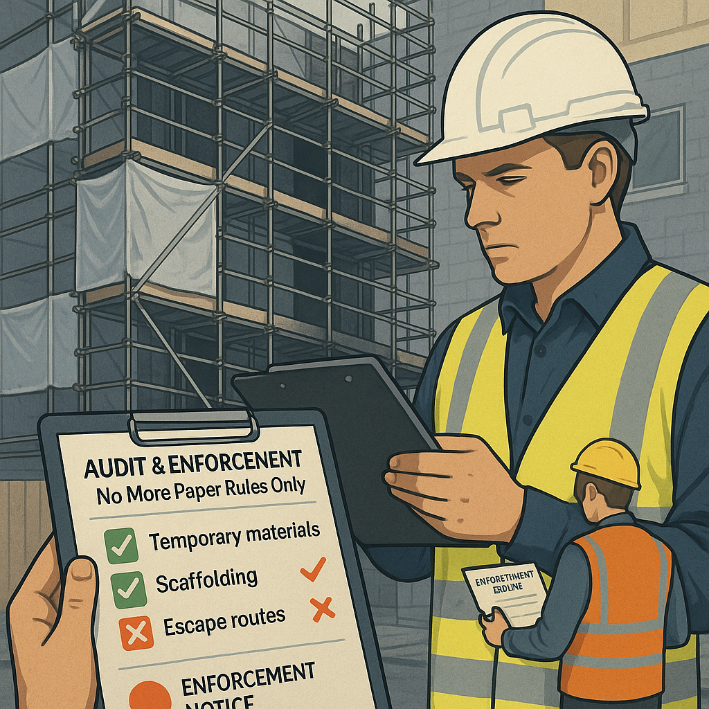 Global Construction Safety Standards Safety inspector examining temporary works on a building façade while reviewing a checklist for materials, scaffolding and escape routes.