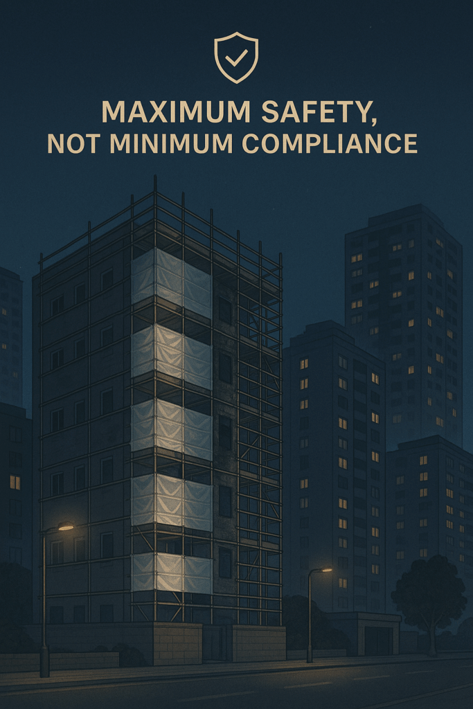 Global Construction Safety Standards City scene at night with high-rise residential buildings, one under well-managed repair with safe scaffolding and sheeting, symbolising stronger fire safety standards after past tragedies