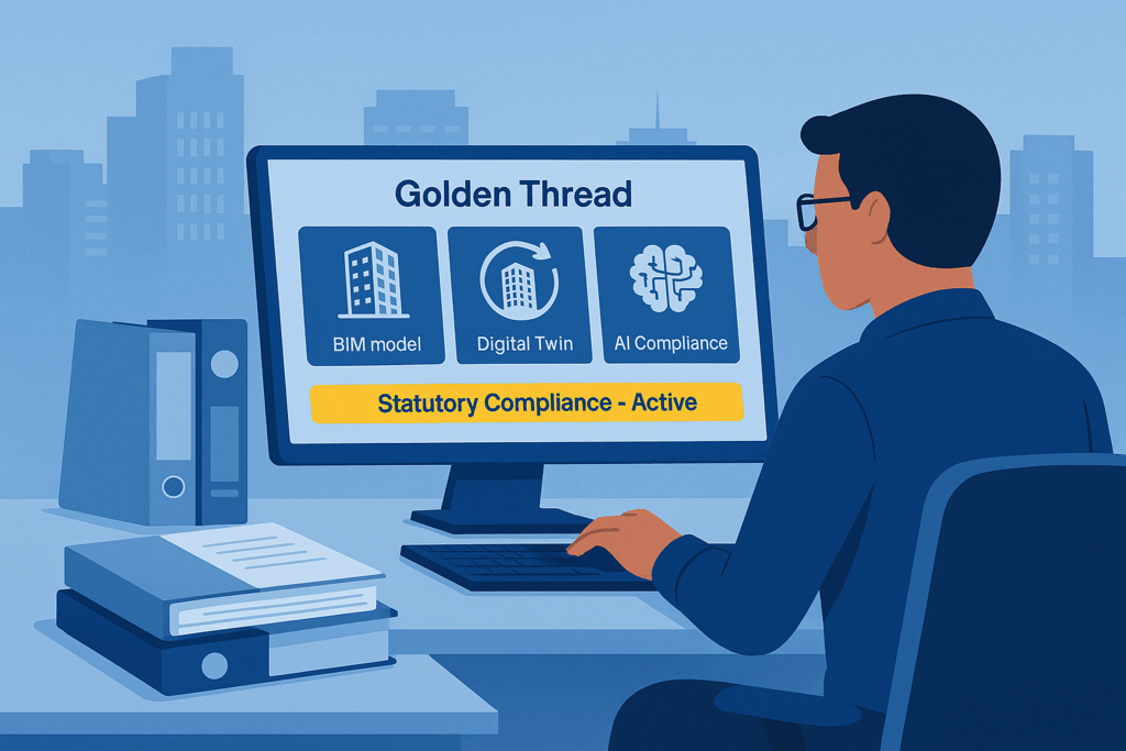 Building Safety jobs Manager at a desk using a digital Golden Thread dashboard while paper folders sit unused to the side