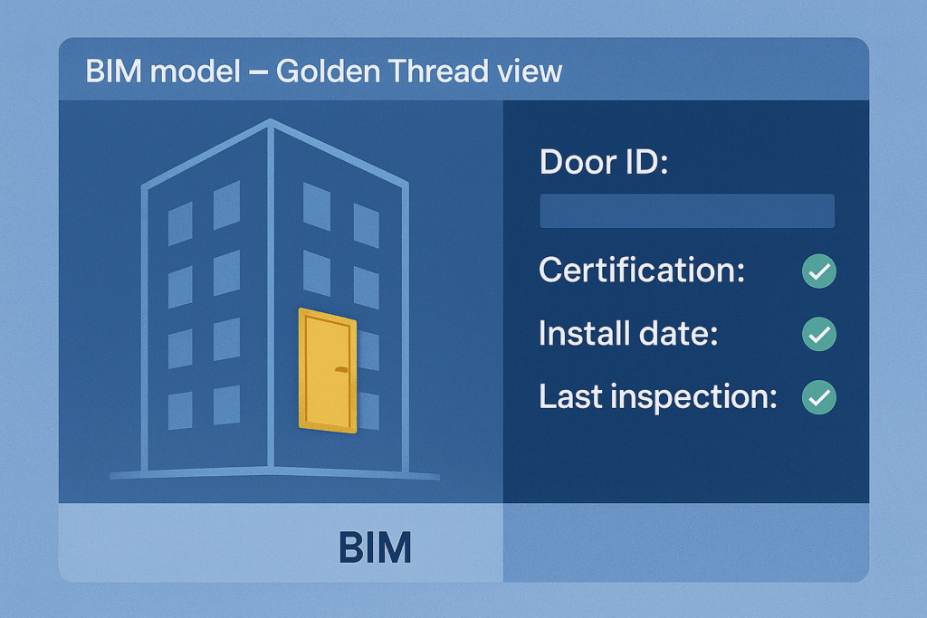 Computer screen displaying a BIM model of a high-rise with a single fire door selected, showing its certification and inspection history