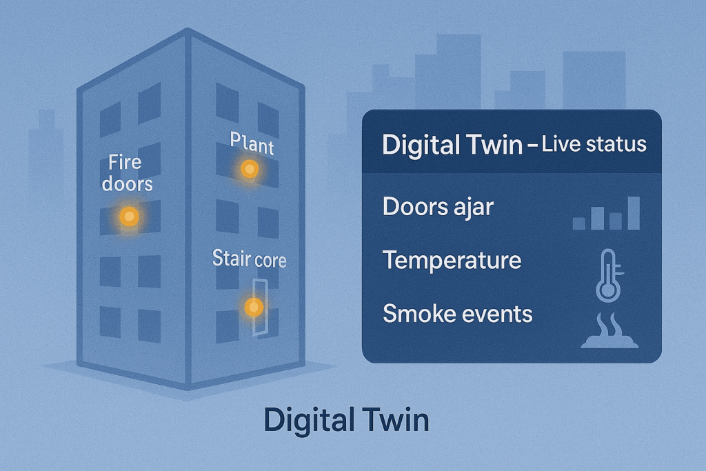 Digital Twin visual of a high-rise building with sensor points feeding live data into a safety status dashboard