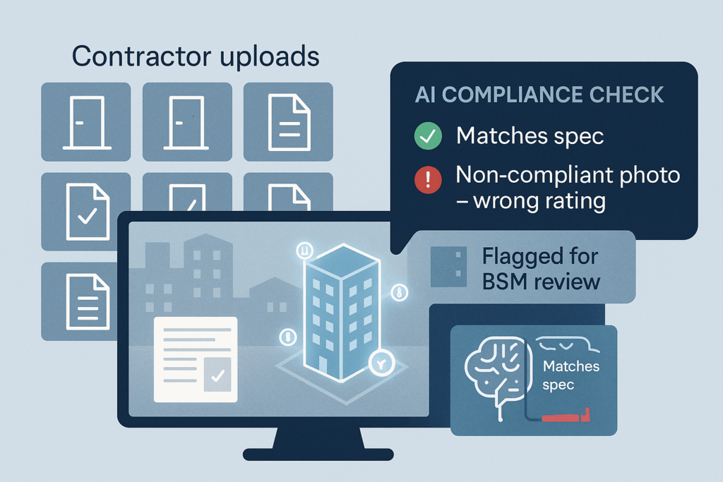 Safety compliance dashboard where AI checks contractor documents and flags a non-compliant certificate for review