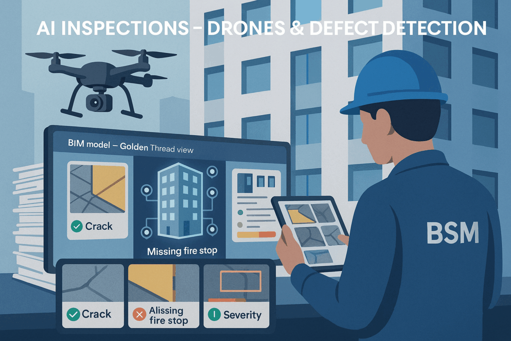 Drone inspecting the exterior of a high-rise while an AI dashboard highlights cladding defects with severity scores