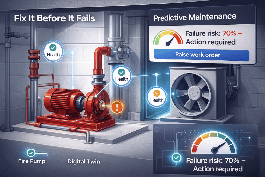 Illustration of fire safety equipment with a predictive maintenance dashboard showing an elevated failure risk and prompting early replacement