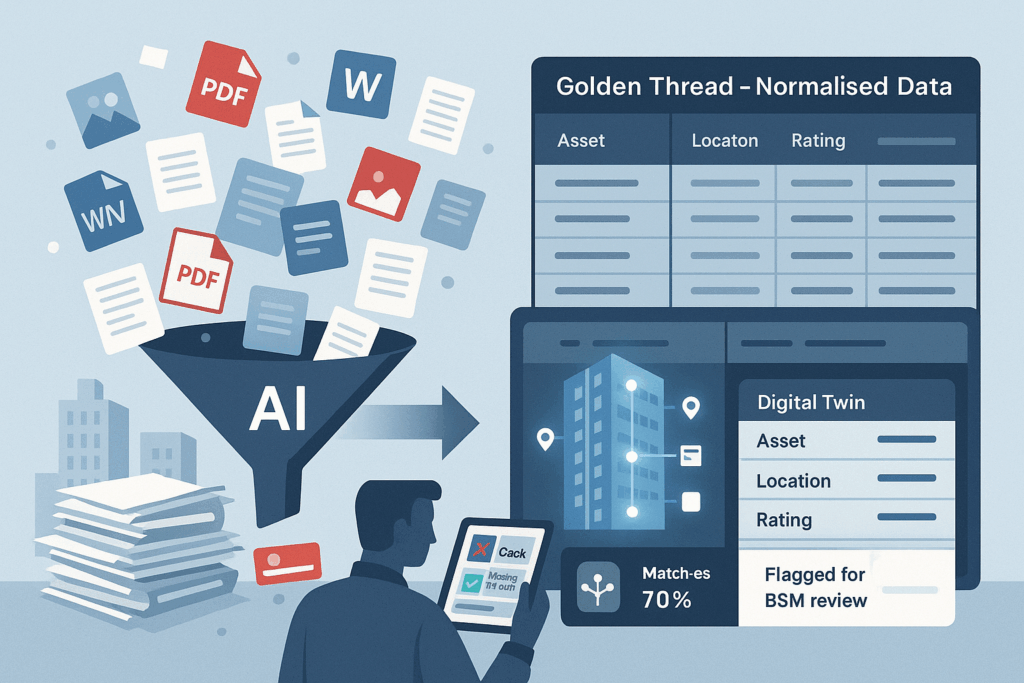 AI funnel transforming messy contractor reports and files into a clean, structured Golden Thread data table