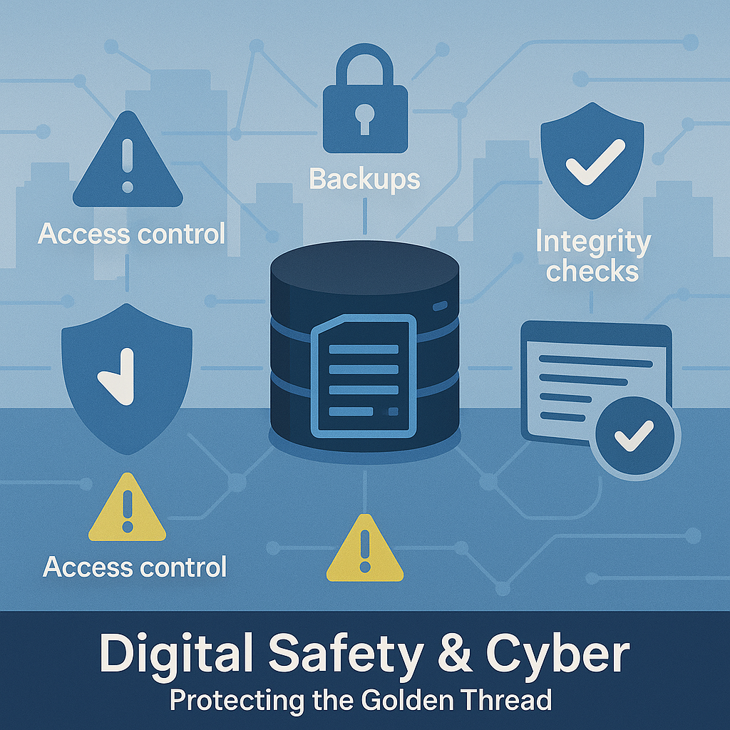 Golden Thread data vault protected by shields and padlock icons, representing cybersecurity and data integrity for building safety records
