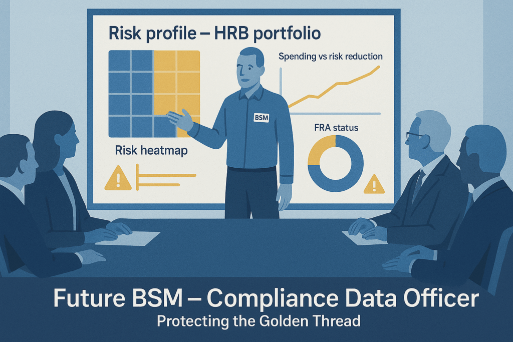 Building Safety Manager presenting digital risk dashboards to senior leaders, showing their new role as a strategic compliance data specialist