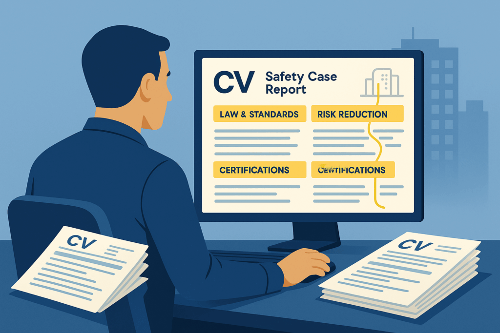 Professional reviewing a CV on screen that is laid out like a Safety Case Report, with an old stack of paper CVs pushed to one side