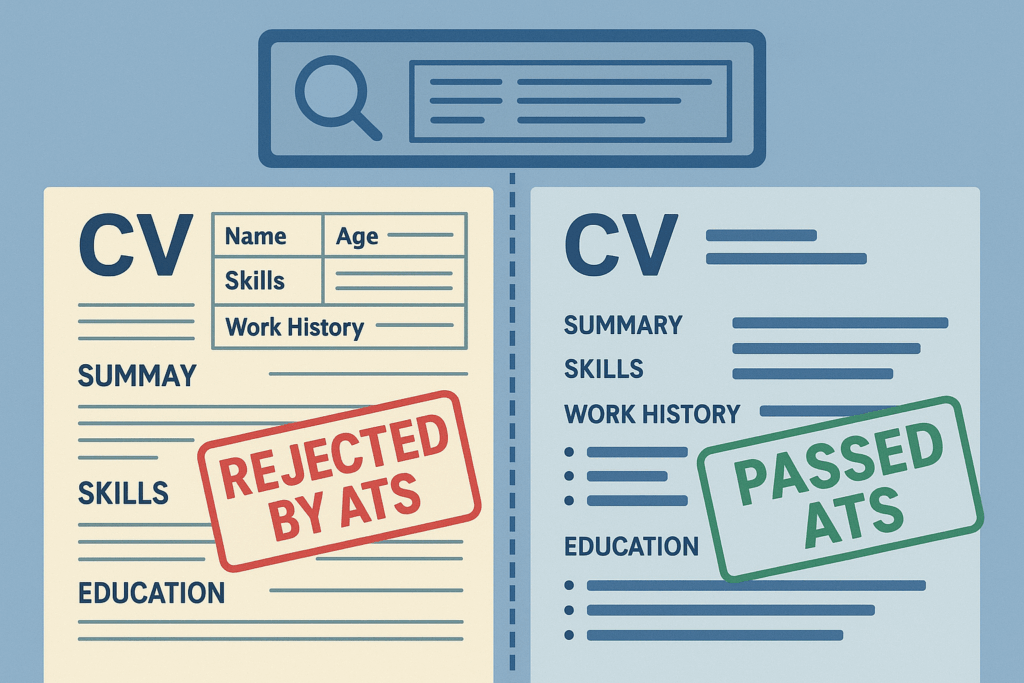 Comparison of a complex, rejected CV and a clean, ATS-friendly CV, showing how layout affects screening in building safety roles