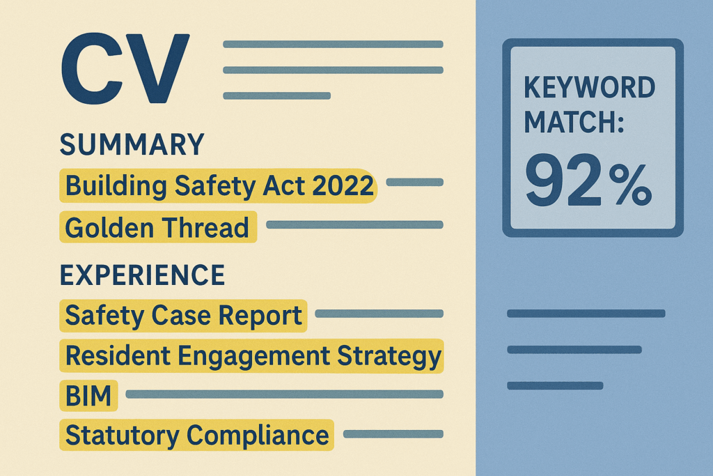 CV excerpt with key building safety terms highlighted and a sidebar showing a high ATS keyword match score