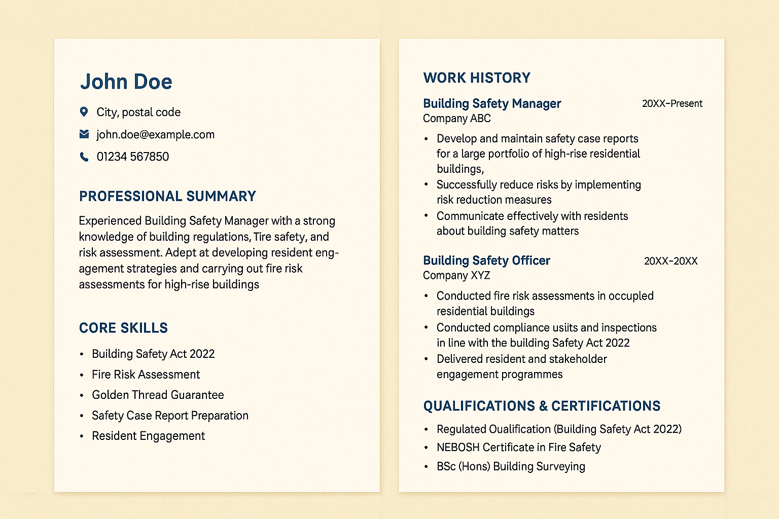 Clean two-page Building Safety CV showing clear sections for summary, core skills, work history and qualifications