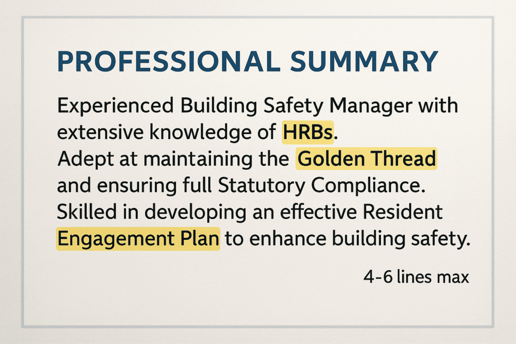 Close-up of a professional summary on a Building Safety CV with key phrases about HRBs, Golden Thread and Statutory Compliance highlighted