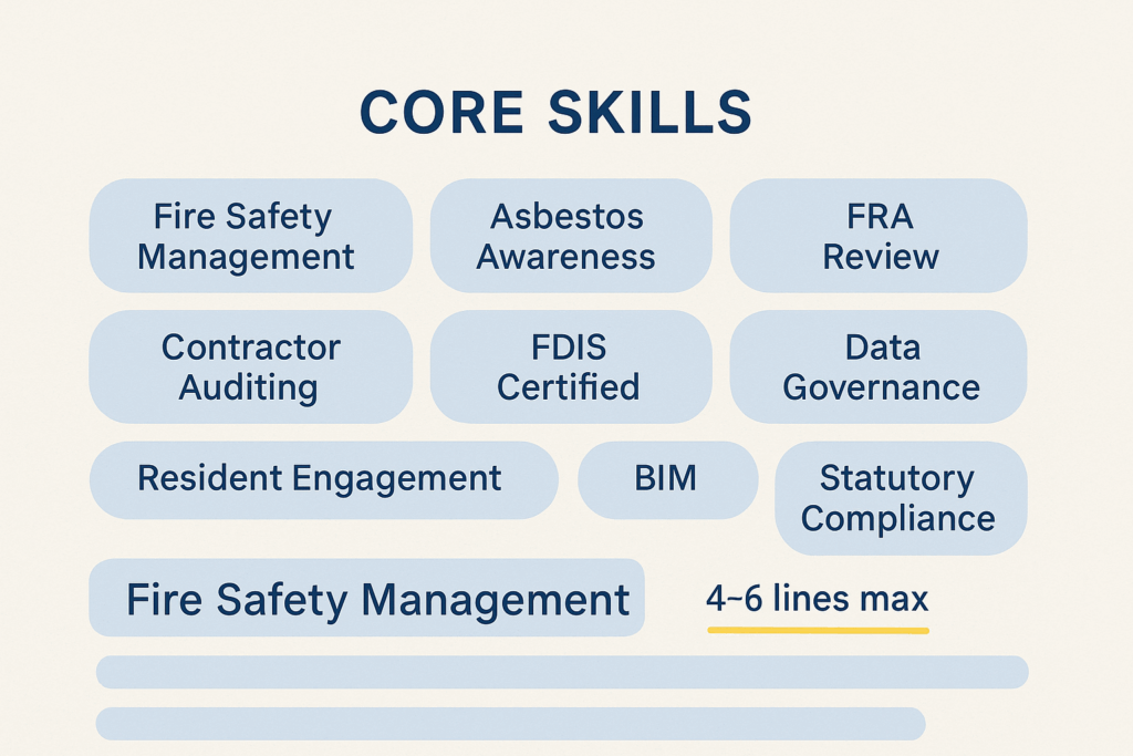 Grid of concise core skills on a Building Safety CV, showing technical, fire safety and governance capabilities at a glance