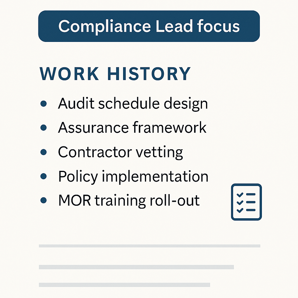 building safety CV extract tailored for a Compliance Lead role, highlighting audit protocols, contractor vetting and policy implementation achievements