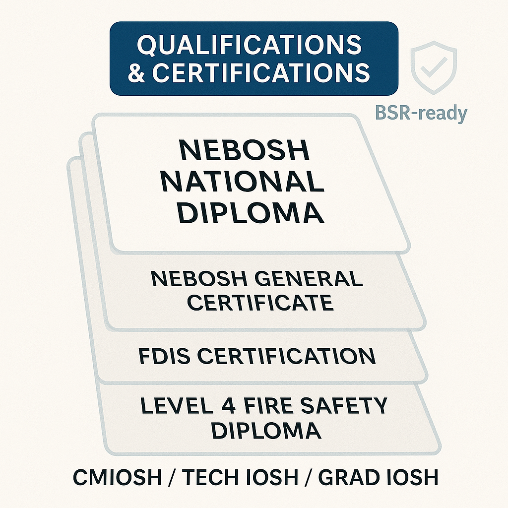 Stack of framed certificates and membership badges labelled with NEBOSH, FDIS and IOSH grades, showing professional credibility in building safety
