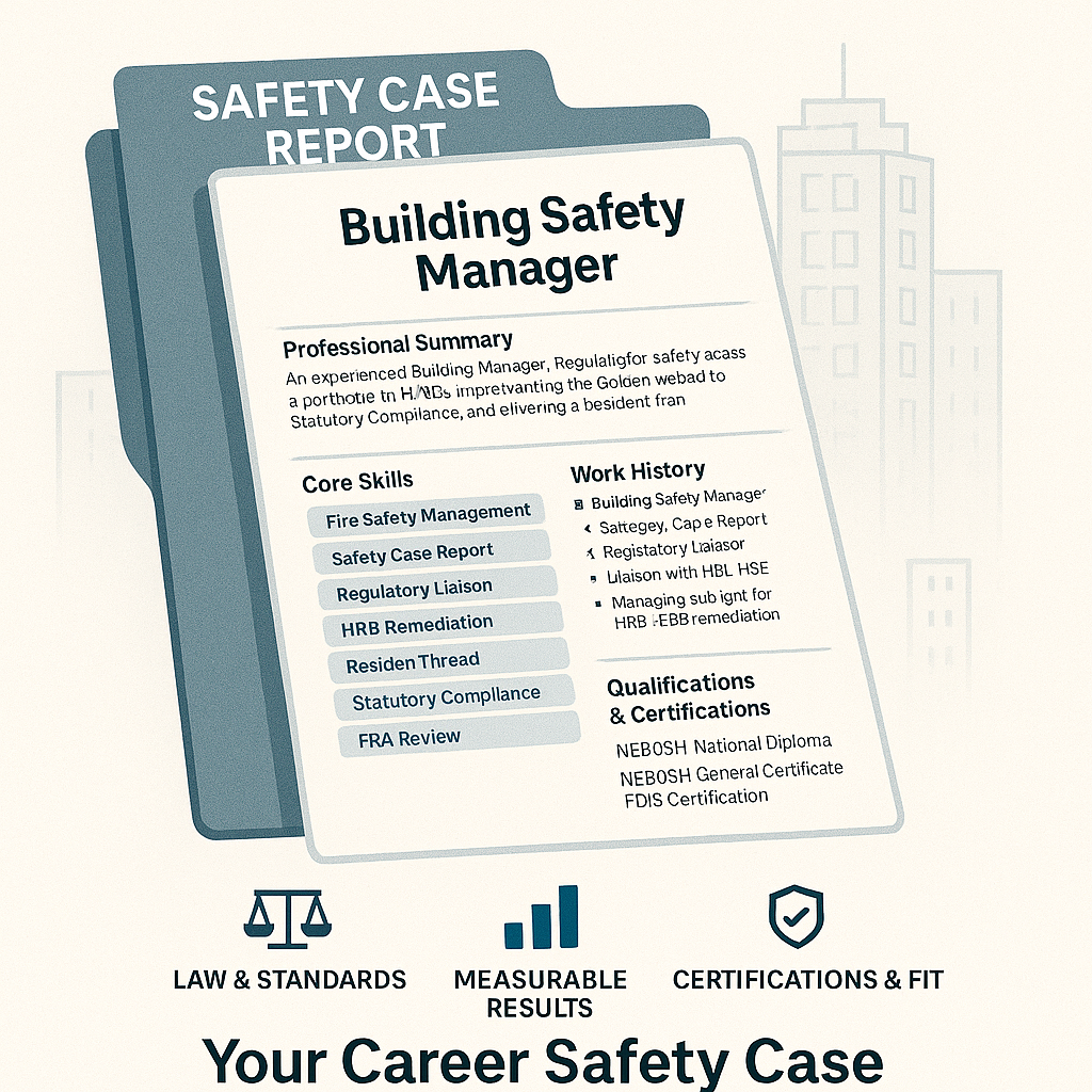 Completed Building Safety CV placed on top of a Safety Case Report folder with ticks for law knowledge, measurable results and certifications