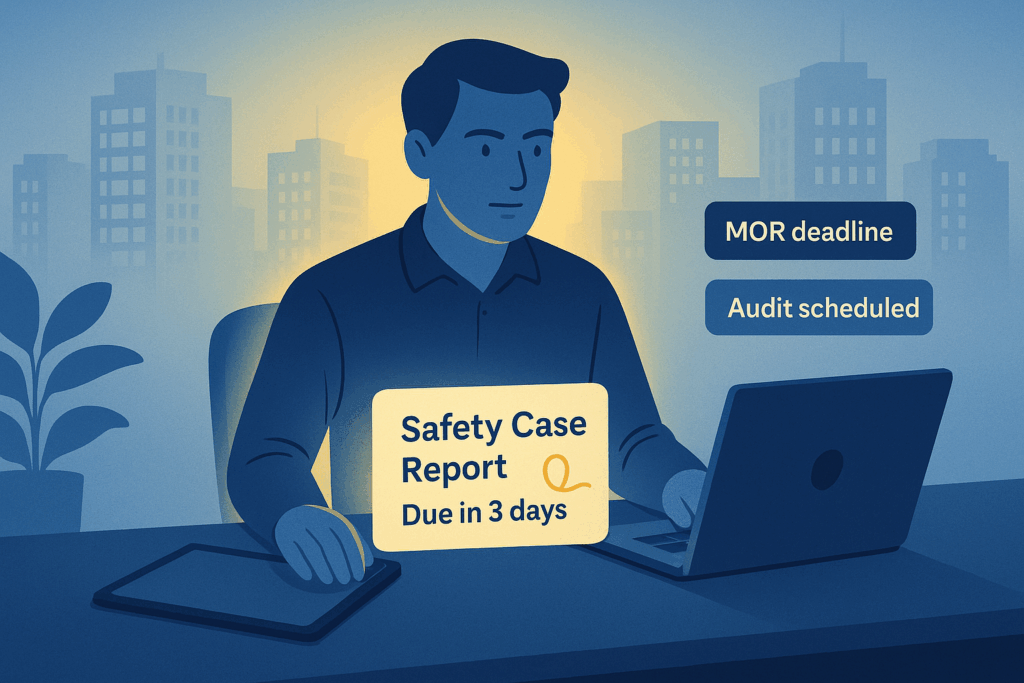 Building Safety professional Managing Stress working at a desk with multiple digital safety deadlines on screen, appearing focused and calm rather than overwhelmed