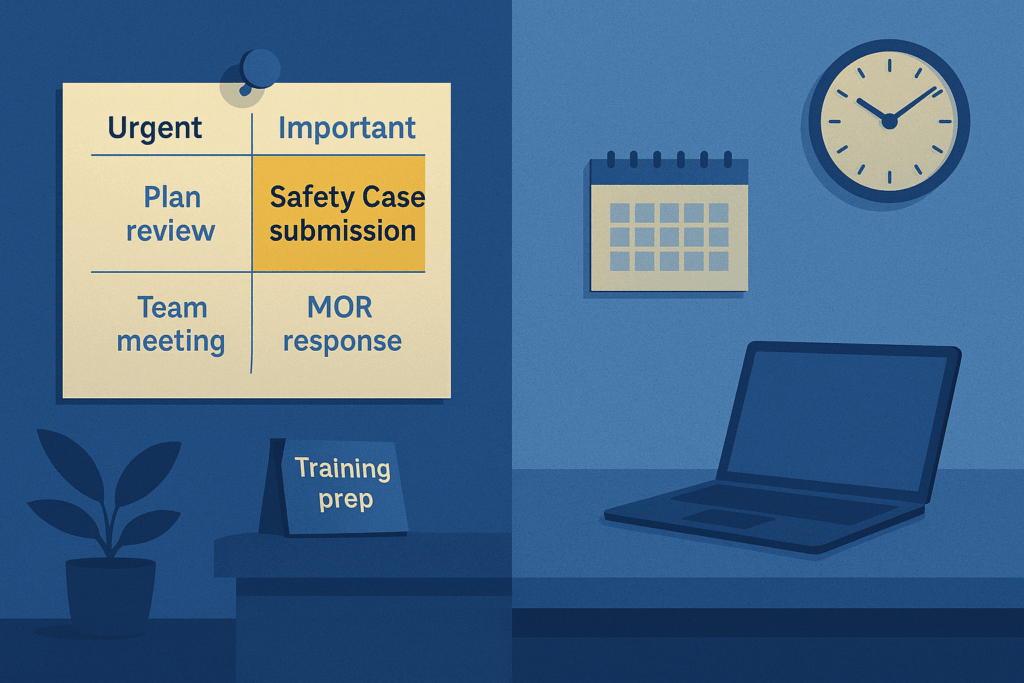 Prioritisation grid above a desk showing Safety Case and MOR deadlines as urgent and important tasks for a Building Safety professional