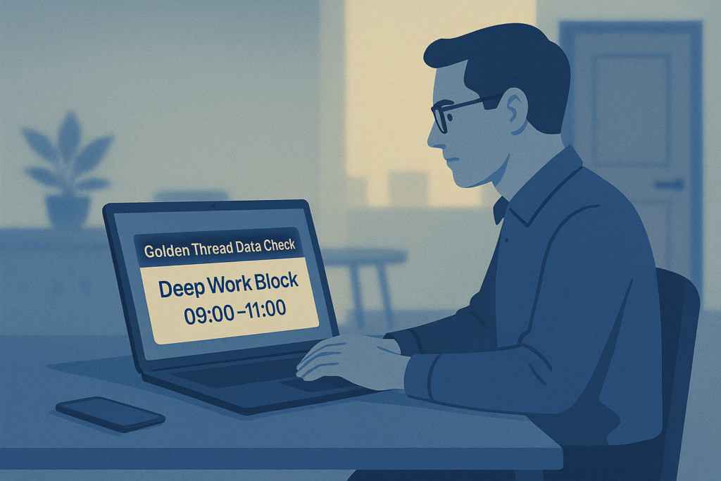 Building Safety Manager in a quiet room focusing on Golden Thread data during a scheduled deep work block with all notifications muted