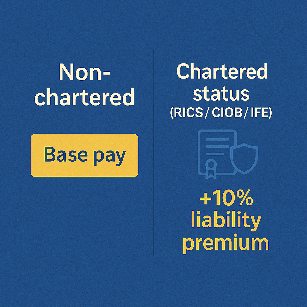 Infographic comparing non-chartered and chartered professionals, showing an added 10% salary premium for chartered status due to higher legal responsibility