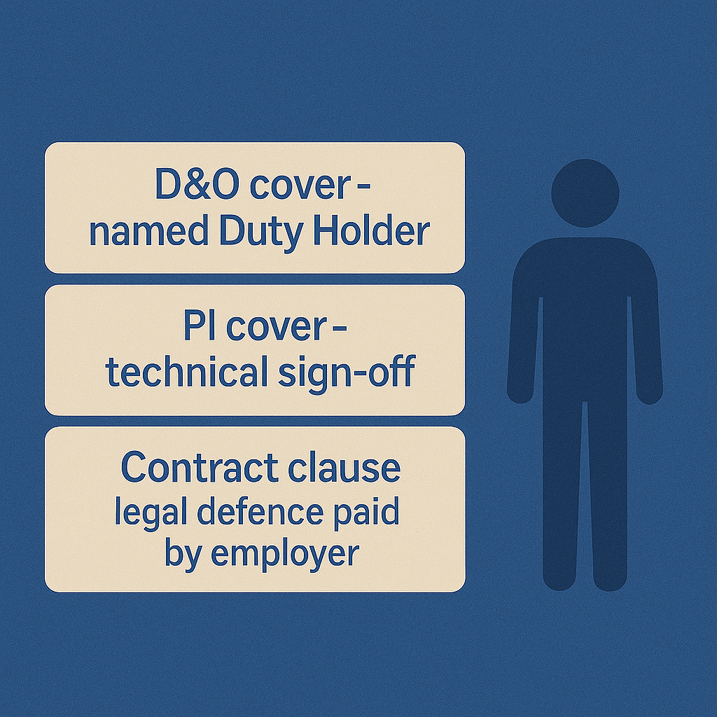 Layered graphic showing D&O insurance, professional indemnity cover and contract protection as key safeguards for a building safety duty holder