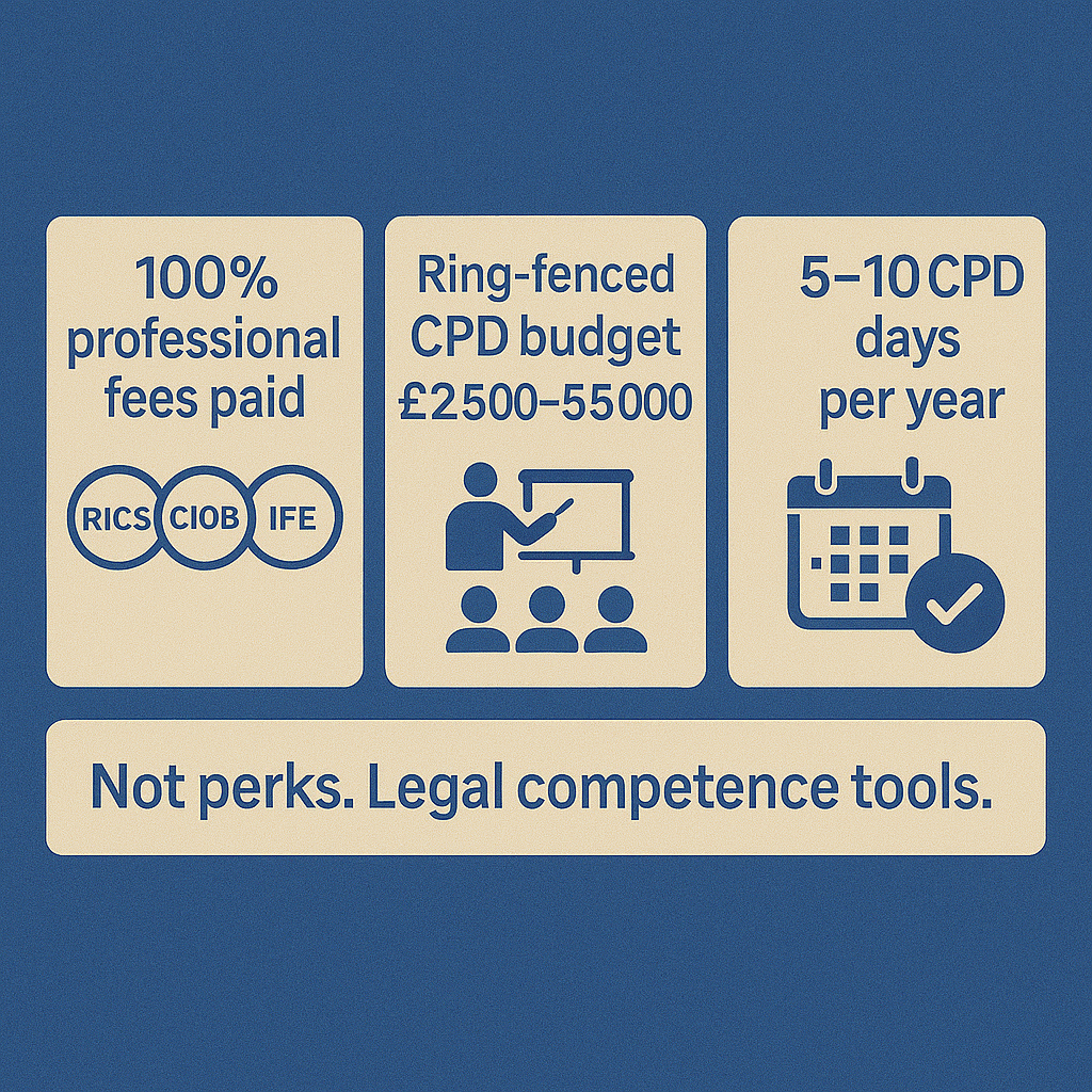 Infographic showing employer-funded professional fees, ring-fenced CPD budget and dedicated training days as essential competence resources for building safety roles.