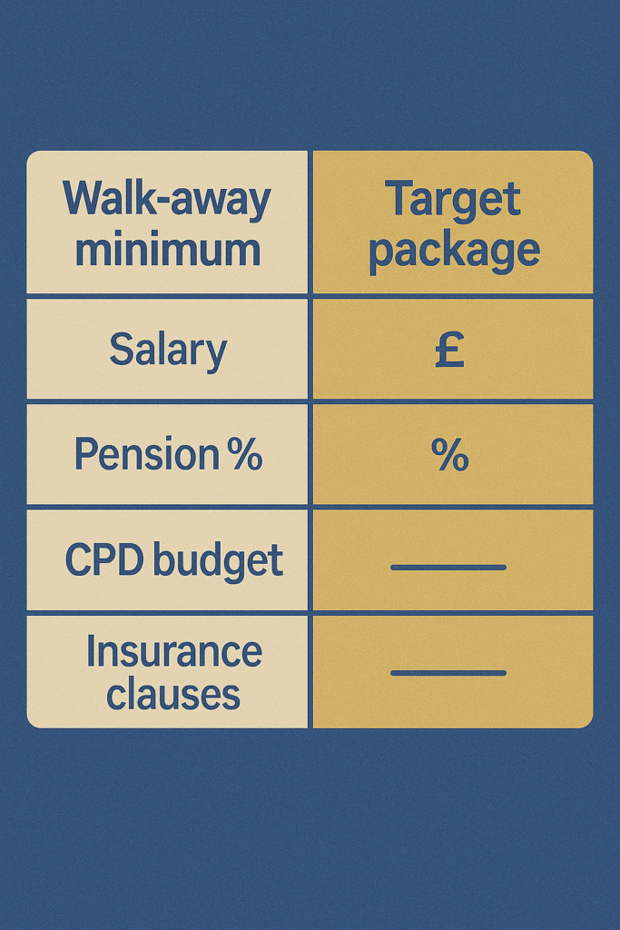 Table comparing a minimum acceptable package and a target package for a senior building safety role across salary, pension, CPD and insurance.