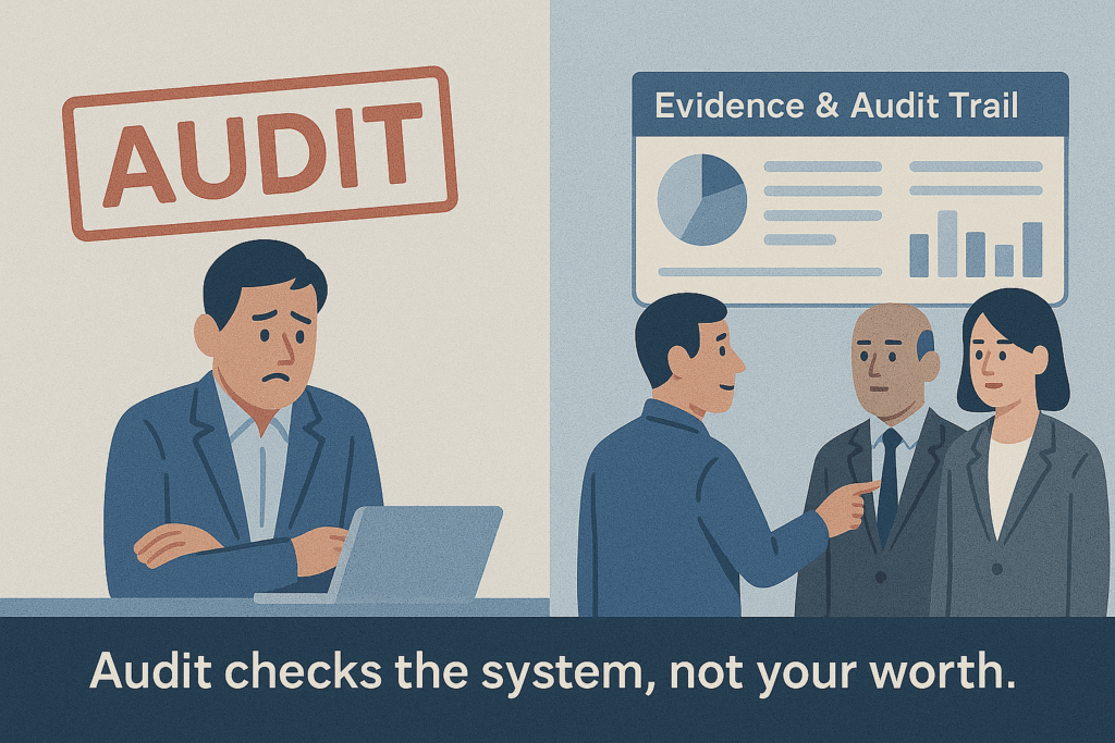 Comparison of a stressed Building Safety professional fearing an audit versus the same person calmly presenting digital evidence to auditors