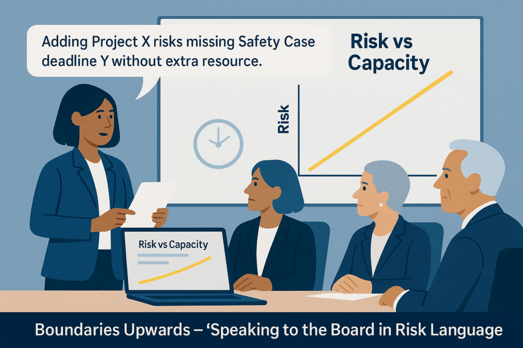 Building Safety Manager explaining workload limits to board members using a simple risk and capacity chart instead of emotional language.