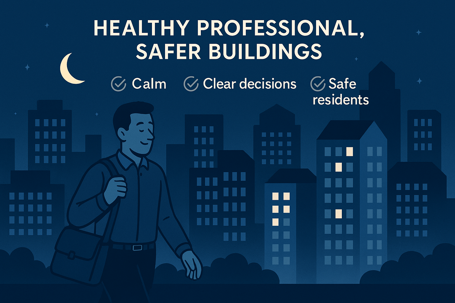 Building Safety professional leaving work calmly at the end of the day, with a high-rise skyline and icons for calm, clear decisions and safe residents.