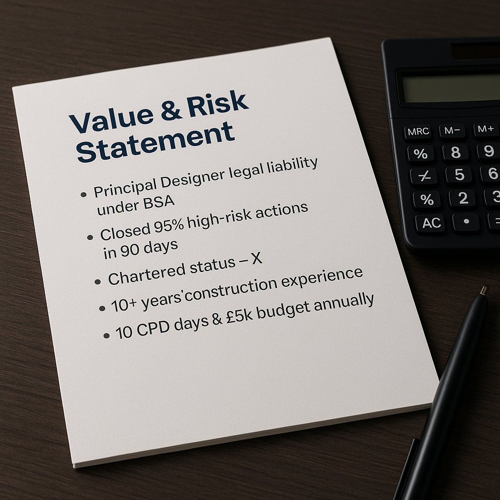 One-page document summarising a building safety professional’s market value, results and legal liability, used as evidence in salary negotiations.