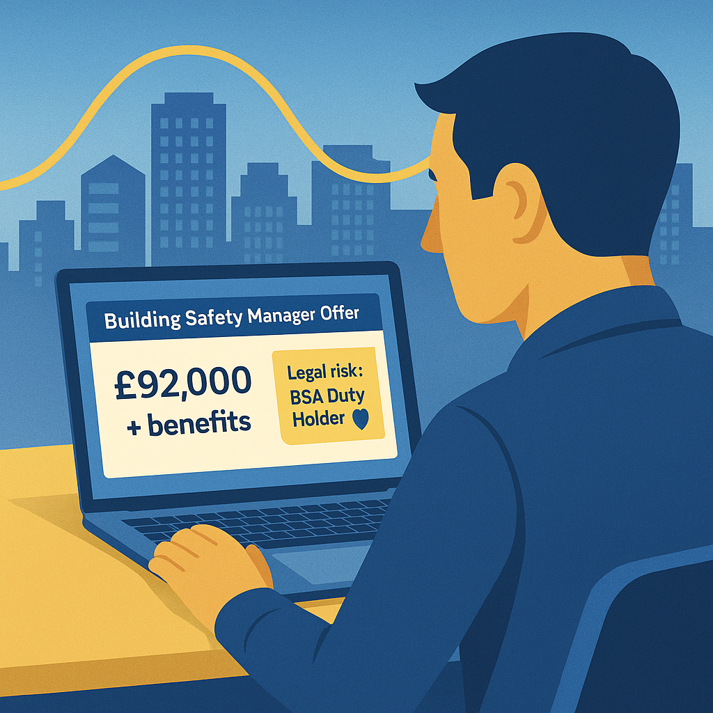 Building Safety professional reviewing a senior job offer on a laptop showing salary alongside their legal risk as a BSA duty holder