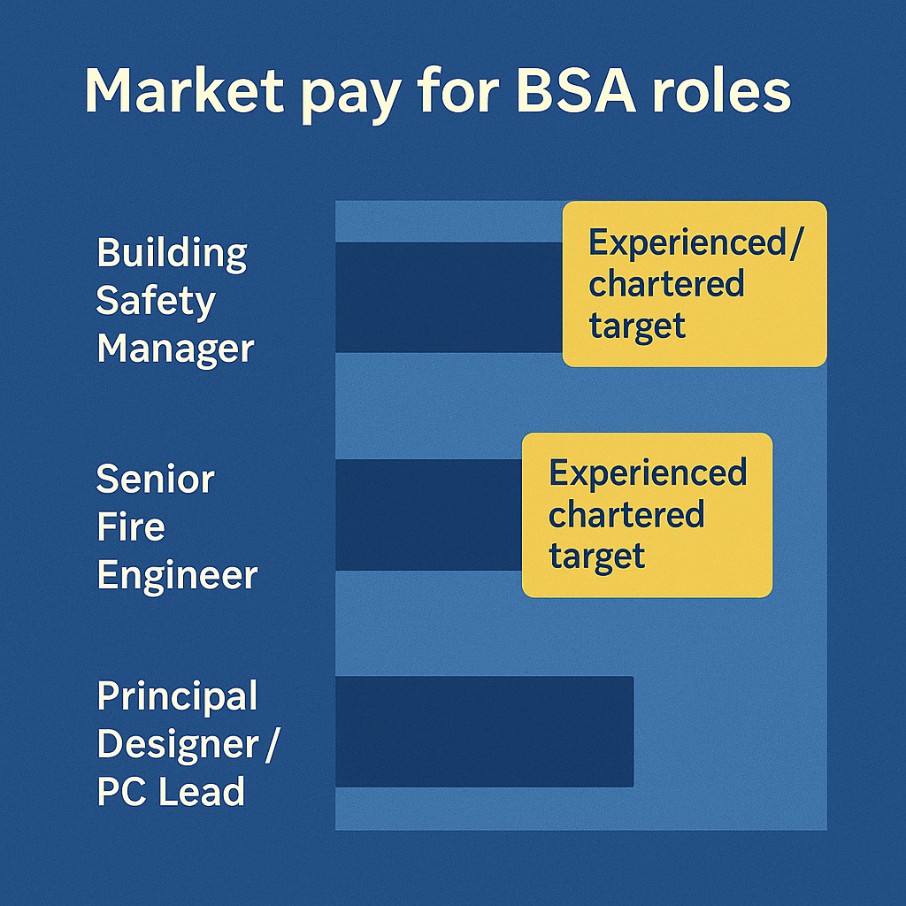 Bar chart comparing salary ranges for Building Safety Manager, Senior Fire Engineer and Principal Designer roles, highlighting the upper range for experienced professionals