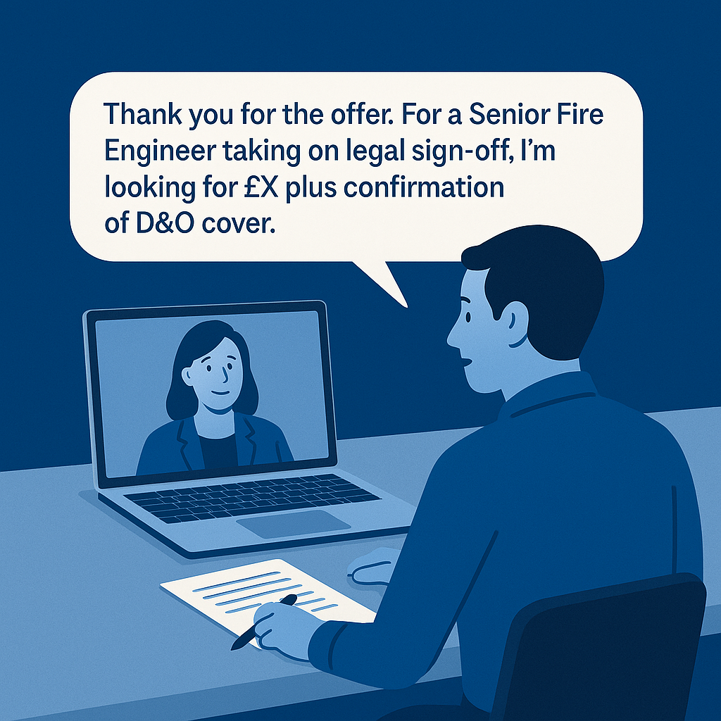 Building safety professional on a video call making a polite but firm counter-offer that links their Salary and Benefits request to legal sign-off duties