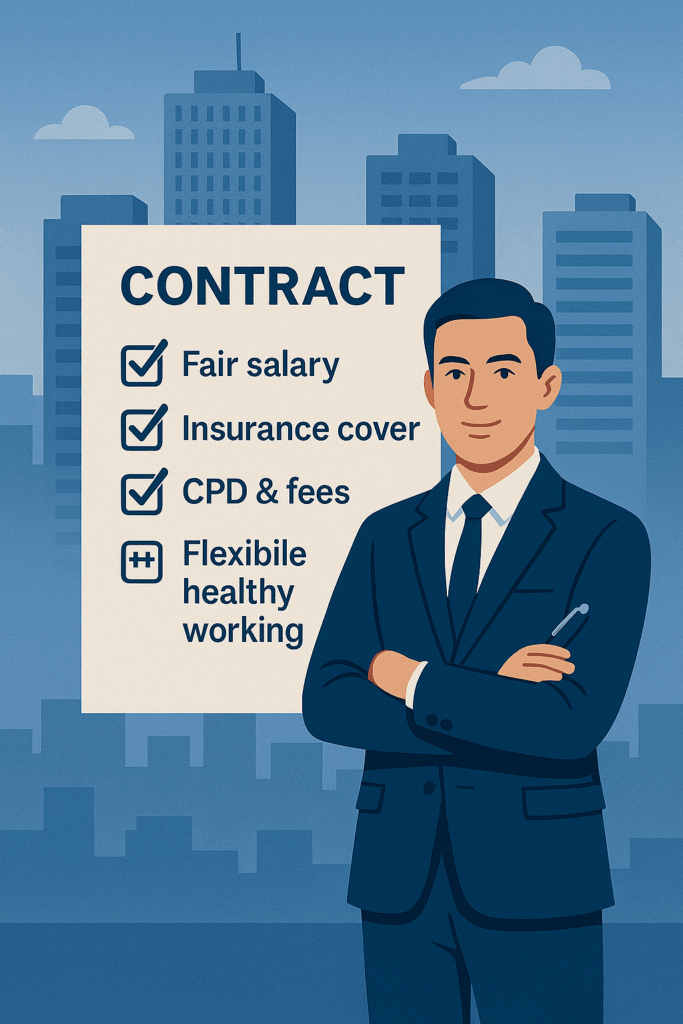 Salary and Benefits Building safety professional standing in front of high-rise buildings and a signed contract listing fair pay, insurance cover, CPD support and flexible working as agreed terms