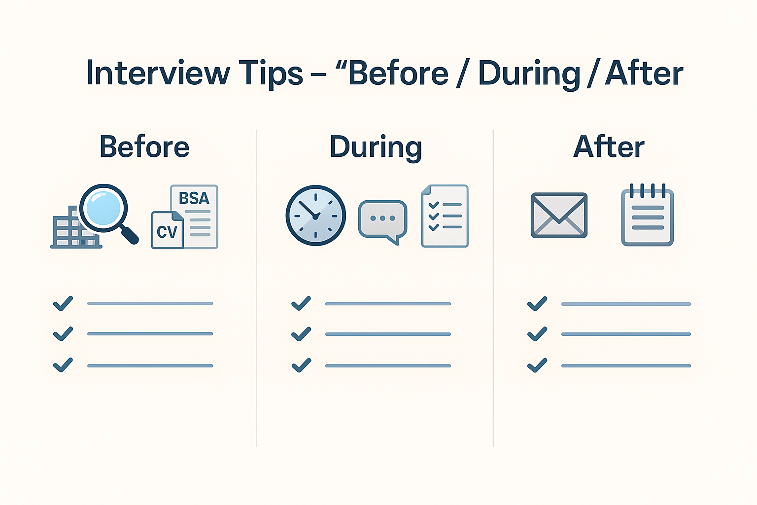 Three-column infographic summarising interview best practice before, during and after, with icons for research, structured answering and follow-up