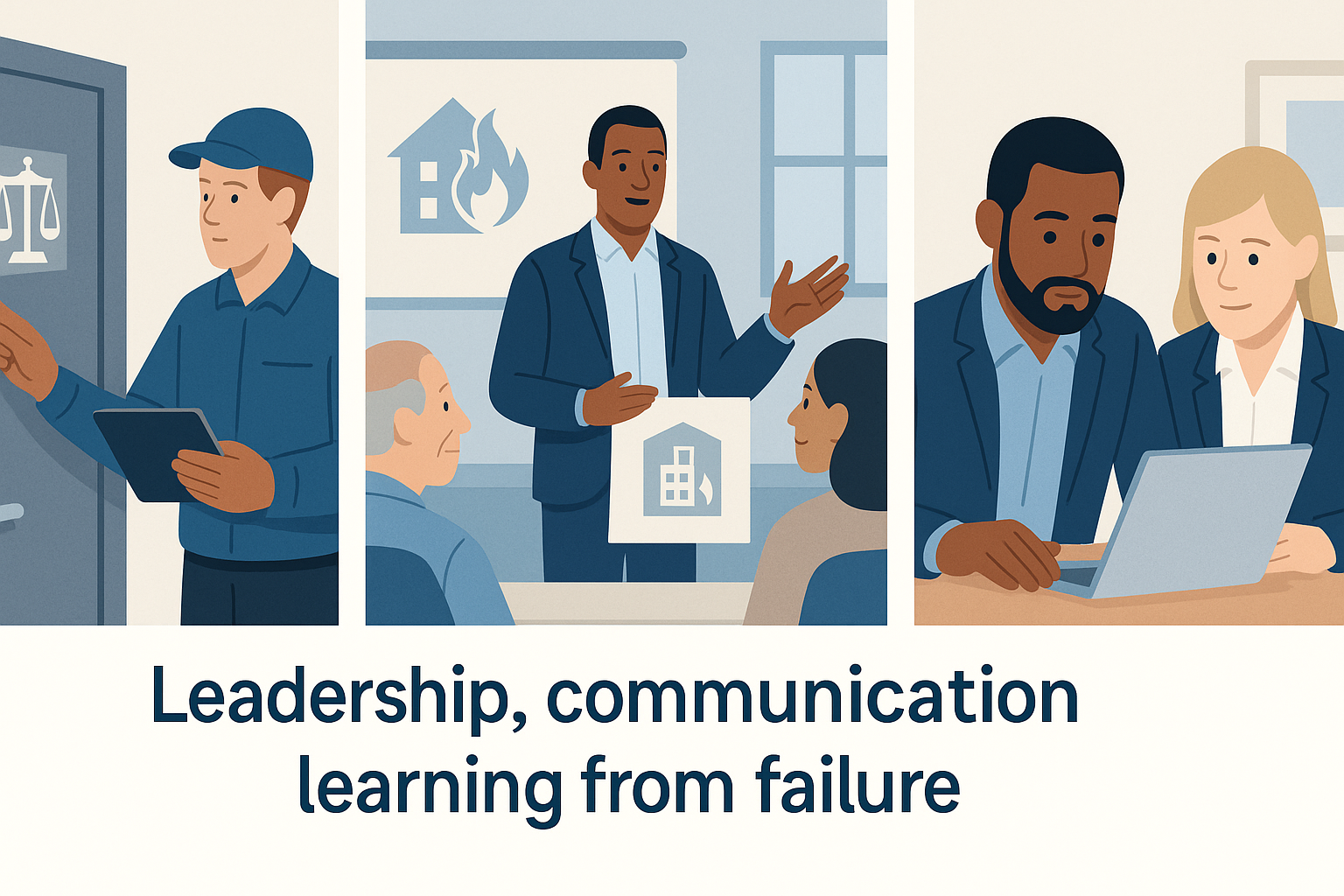 Three scenes showing a building safety professional leading a maintenance review, explaining safety to residents and discussing an audit with a manager, illustrating key behavioural competencies.
