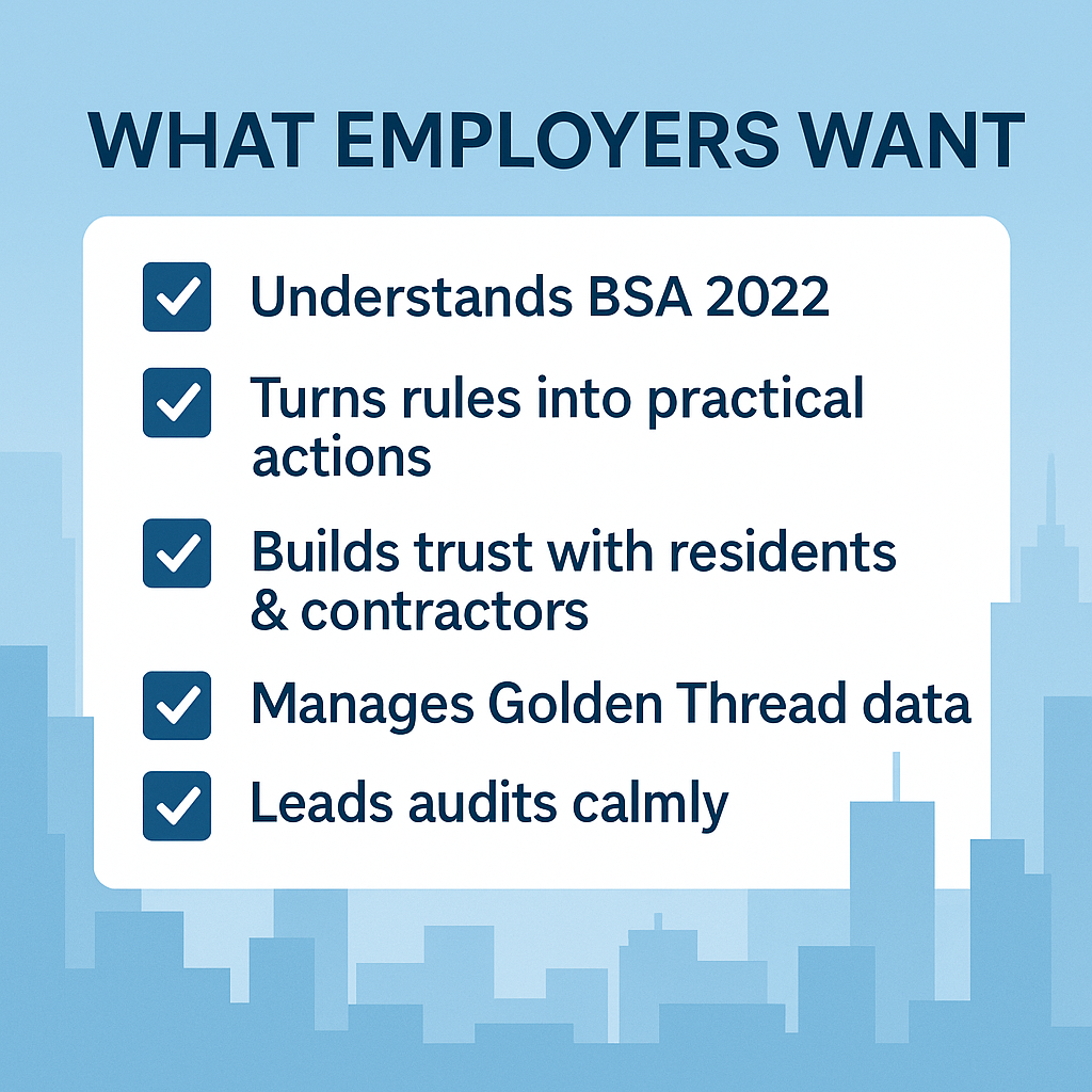 Checklist of key employer expectations for building safety roles, including BSA knowledge, practical implementation, trust building, Golden Thread management and audit leadership, shown over a stylised high-rise skyline