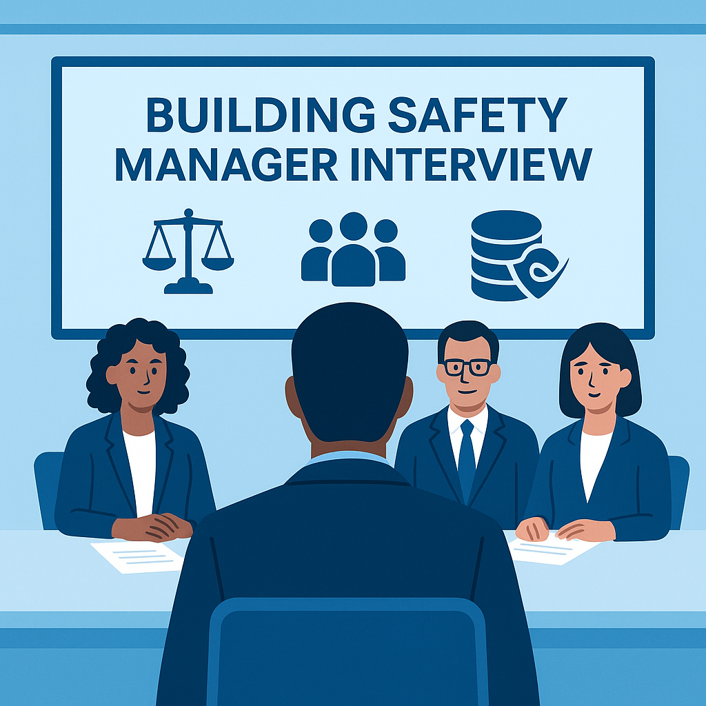 Building safety professional in a formal interview room facing an interview panel, with a screen behind them showing “Building Safety Manager Interview” and icons for law, residents and digital data in BSJ colours.