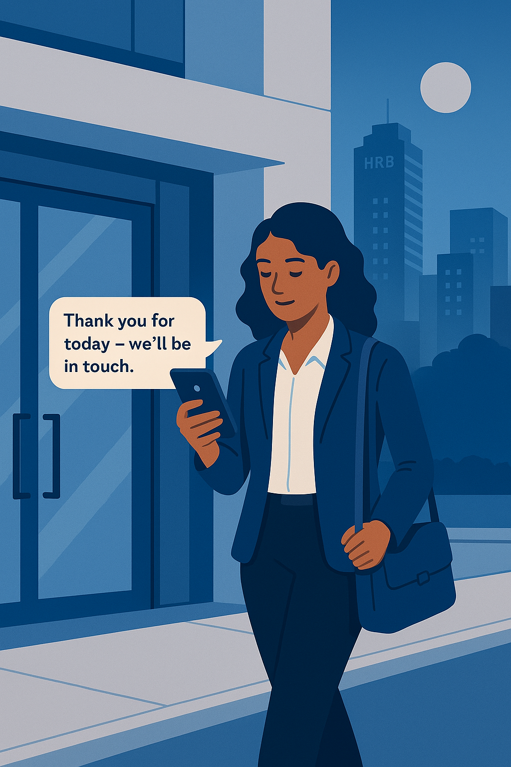 Building safety professional walking away from an office with a relaxed posture, high-rise skyline behind them and a phone notification about the interview, symbolising a strong performance and positive outcome